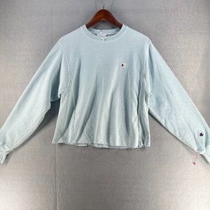 Champion Womens Sweater S Blue Reverse Weave Fleece Side Rib Raw Hem Lounging